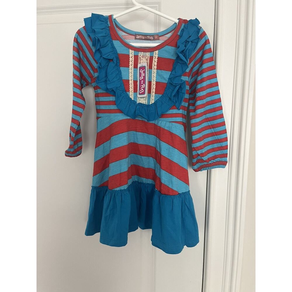 Jelly the Pug Girls Long Sleeve Blue & Red Dress Ruffle/Lace Accent Size 3T NWT